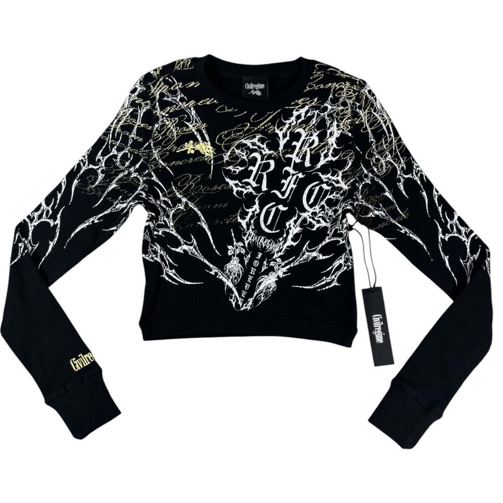 Civil Regime Cropped Waffle Knit Shirt Womens XS Black Graphic Print Long Sleeve